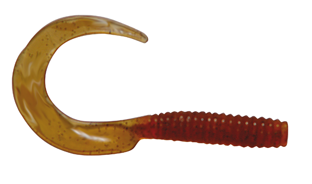 Brauner und roter Lockenschwanz-Angelköder aus weichem Kunststoff, ein vielseitiger Köder für das Süß- und Salzwasserangeln. – Fishing Adventure GmbH