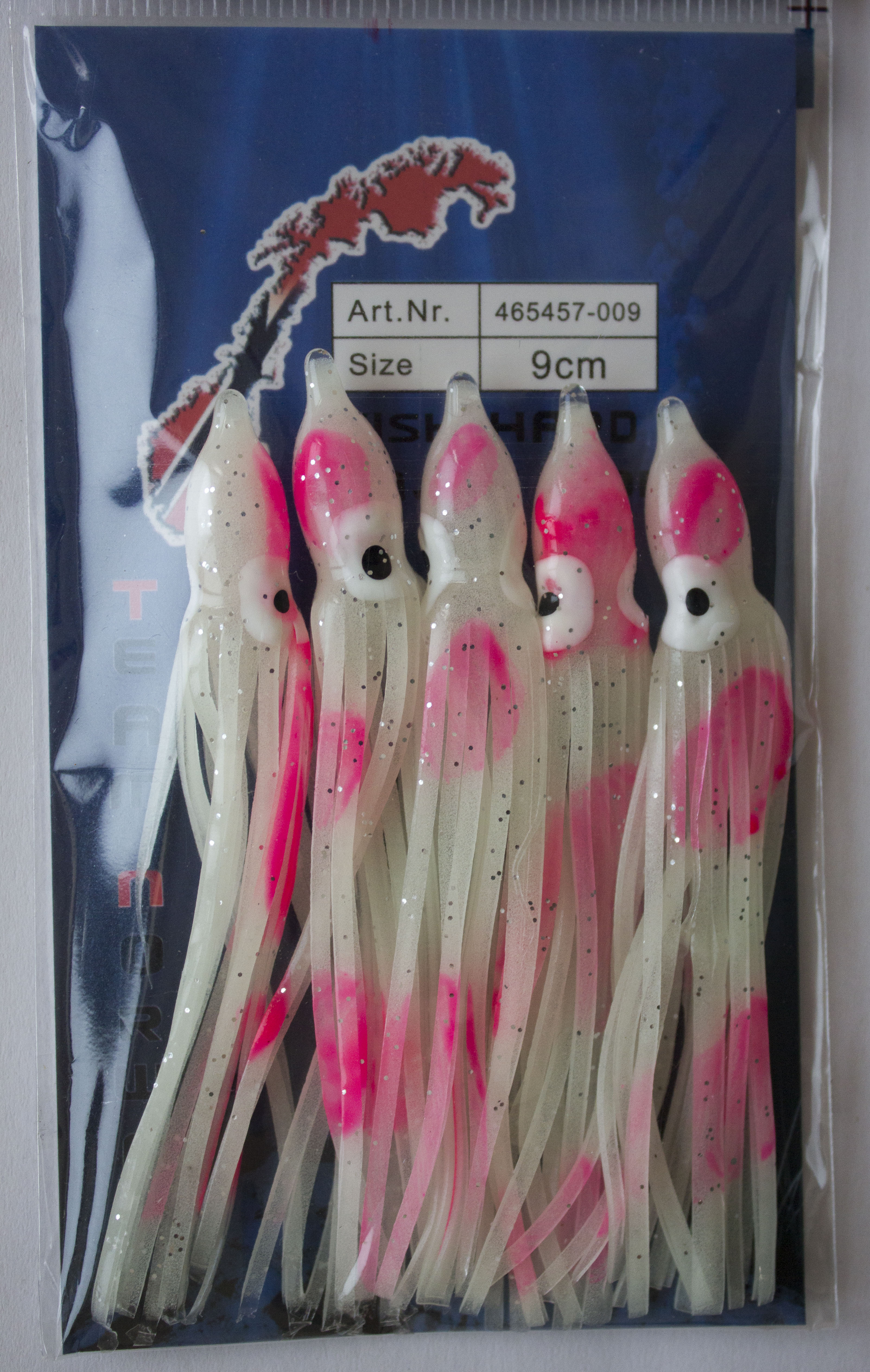 Packung mit 9 cm langen Tintenfischröcken, rosa und weiß, Salzwasser-Angelköder, effektiv zum Anlocken von Fischen. – Fishing Adventure GmbH